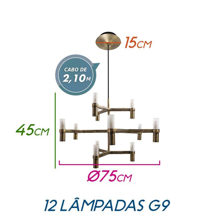 Lustre Bronze Retrô Starlux 75cm P/12 Lâmpadas G9 MD21350-12-AB St1869